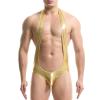 Mens Shiny Leather Bodysuit Cutout Back High Cut Thong One-Piece Leotard Jumpsuit Gold view 1