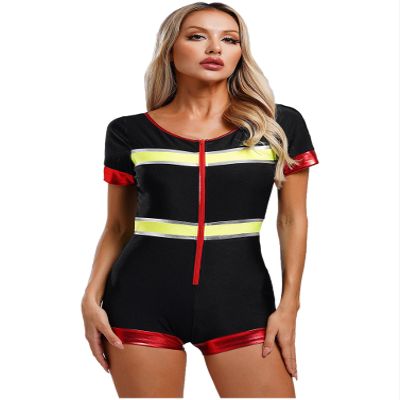 winying Womens Halloween Firefighter Leotard Rompers One Piece Jumpsuit Firemen Cosplay Costume Black XX-Large