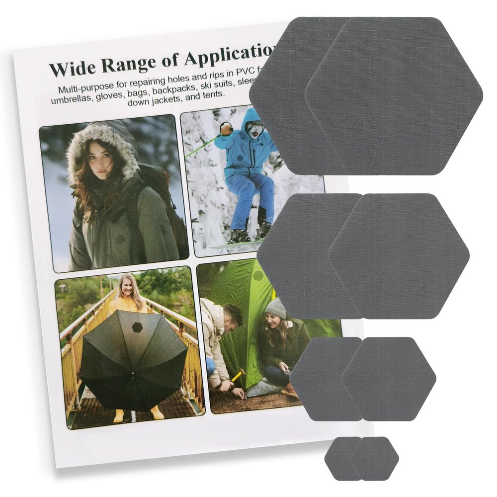 ZESION 8 Pcs Down Jacket Repair Patches - Highly Effective Repair of Nylon Fabric, Waterproof Self-Adhesive Repair Patch for Down Jackets, Tents, Raincoats, Outdoor Equipment (Dark Gray)