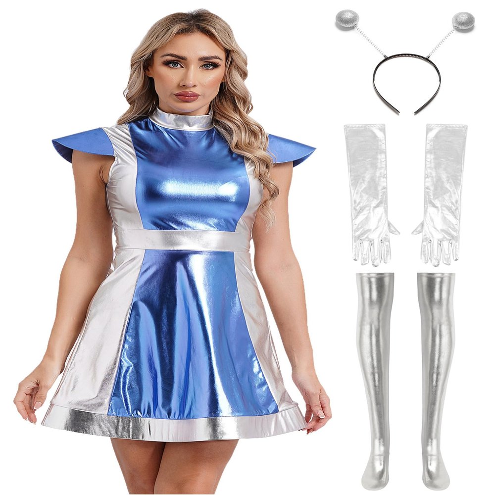 ACSUSS Women's Halloween Costume Stage Performance Space Fighter Glossy Alien Dress-up Outfits Blue Medium