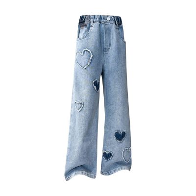 2 Baggy Jeans for Kids Girls Heart Patch Wide Leg Denim Pants 90s Aesthetic Streetwear Vintage (Blue, 12-13 Years)
