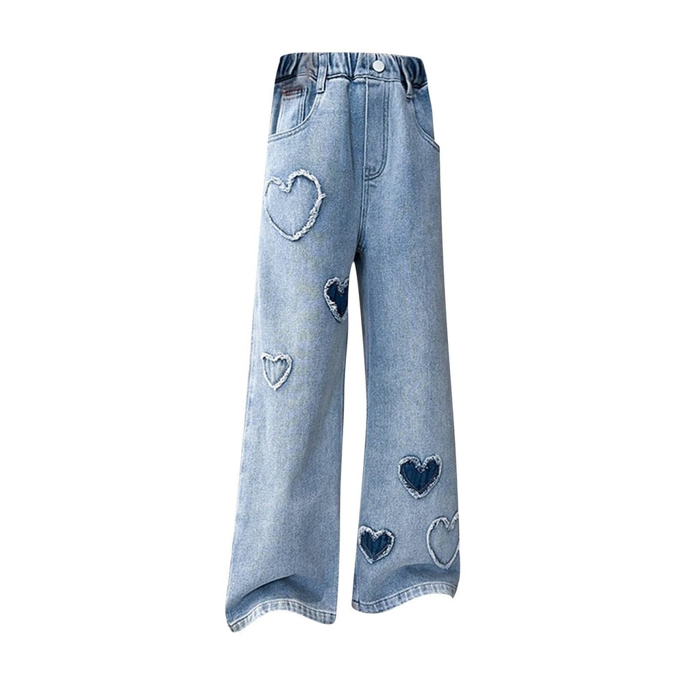 2 Baggy Jeans for Kids Girls Heart Patch Wide Leg Denim Pants 90s Aesthetic Streetwear Vintage (Blue, 12-13 Years)