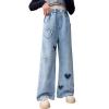 2 Baggy Jeans for Kids Girls Heart Patch Wide Leg Denim Pants 90s Aesthetic Streetwear Vintage (Blue, 12-13 Years) view 2