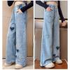 2 Baggy Jeans for Kids Girls Heart Patch Wide Leg Denim Pants 90s Aesthetic Streetwear Vintage (Blue, 12-13 Years) view 3