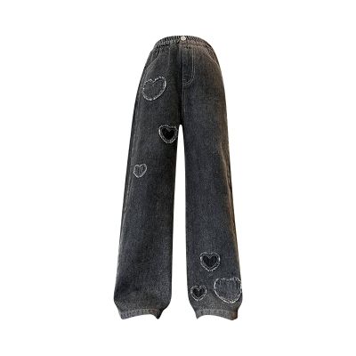 2 Baggy Jeans for Kids Girls Heart Patch Wide Leg Denim Pants 90s Aesthetic Streetwear Vintage (Black, 6-7 Years)