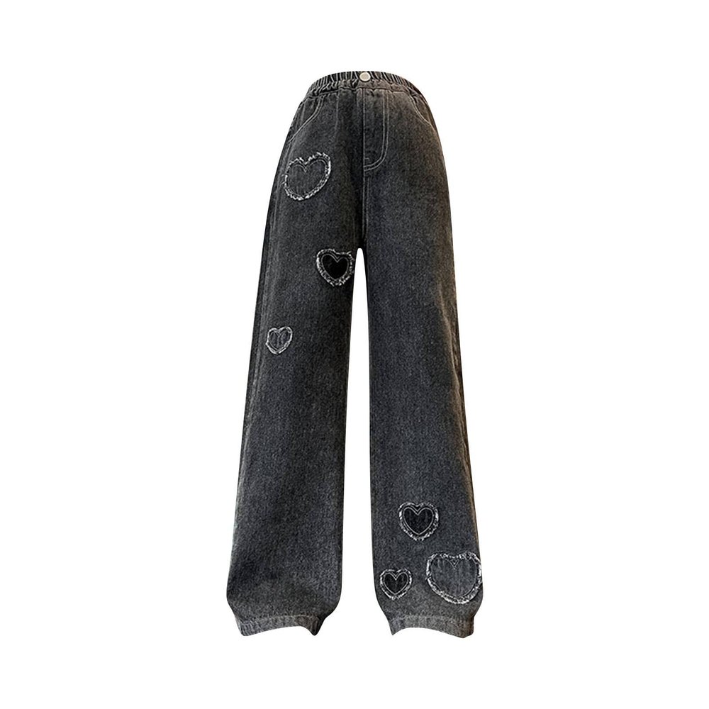 2 Baggy Jeans for Kids Girls Heart Patch Wide Leg Denim Pants 90s Aesthetic Streetwear Vintage (Black, 6-7 Years)