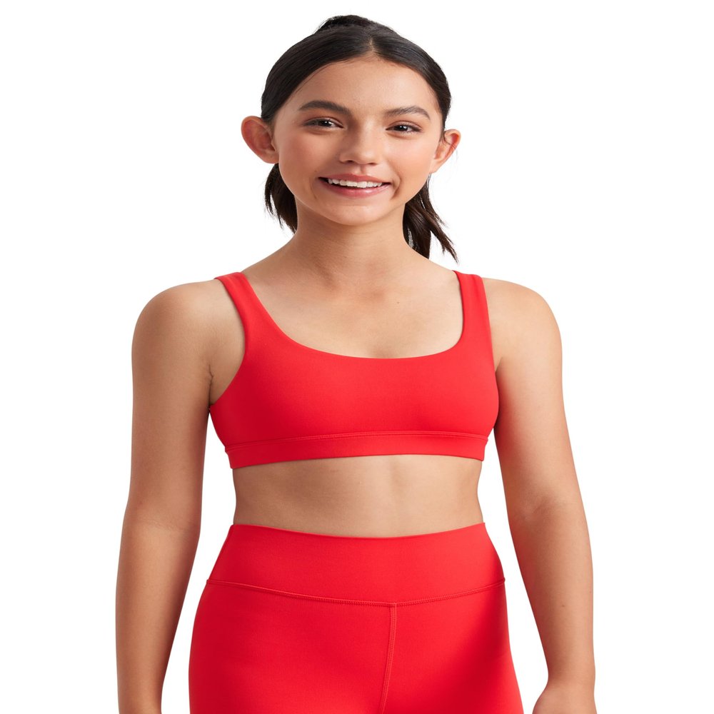 CRZ YOGA Girls Butterluxe U Back Sports Bra - Yoga Athletic Casual Tops Scoop Neck Padded Crop Kids Teen Deep Red Small