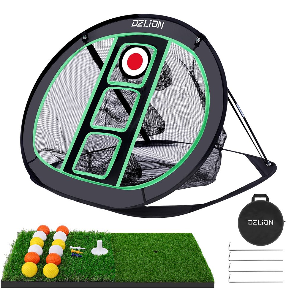 Golf Chipping Net and Mat Set - Pop Up Foldable Indoor Training Target with 2 Hitting Mats and 12 Practice Balls - Gifts for Men, Golfers, Teenage Boys