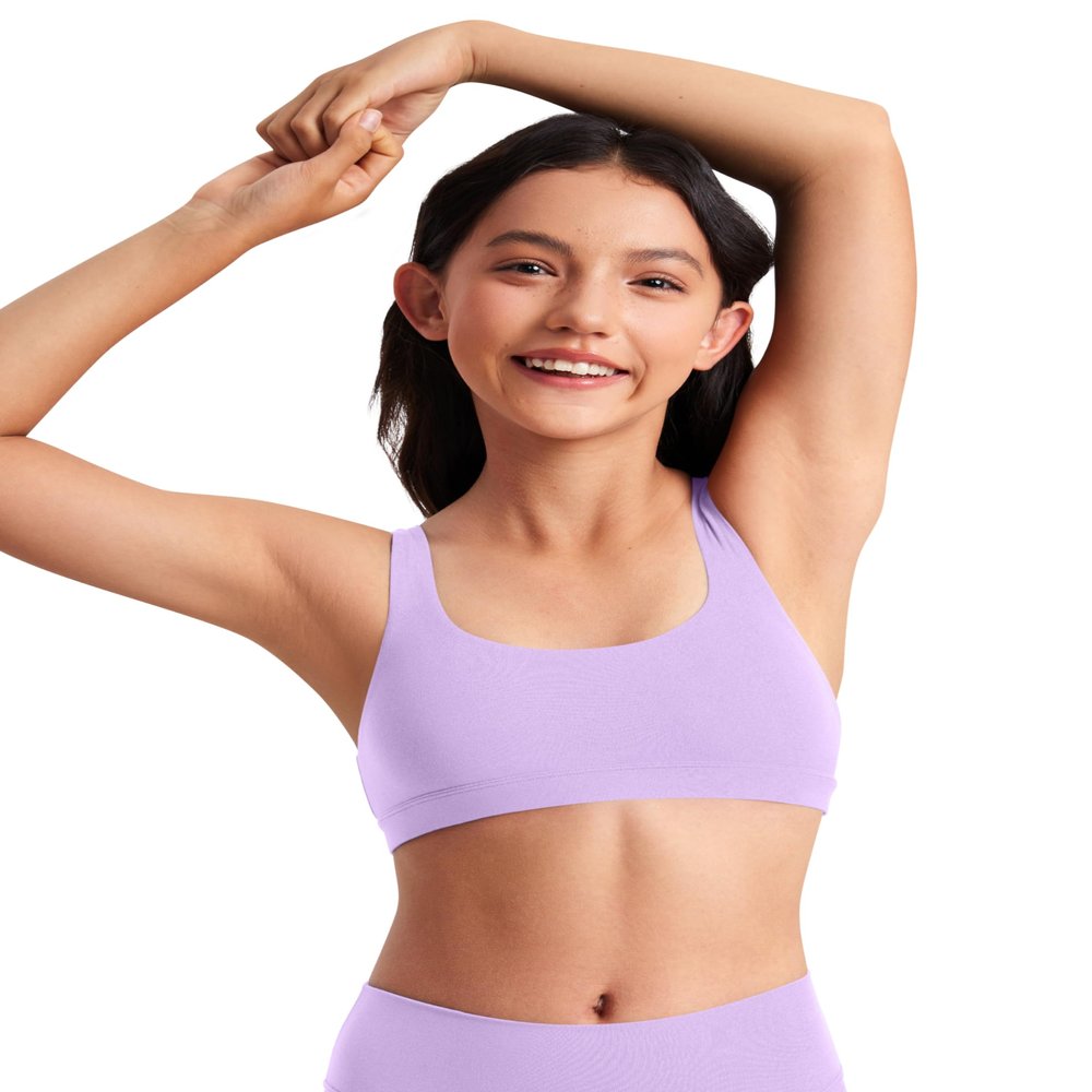 CRZ YOGA Girls Butterluxe U Back Sports Bra - Yoga Athletic Casual Tops Scoop Neck Padded Crop Kids Teen Elfin Purple Large