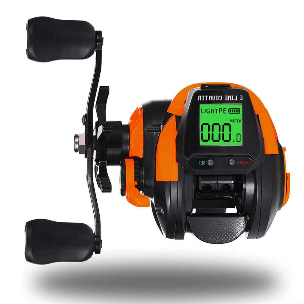 Startbuymore Fishing Reel Fishing Baitcasting Reel Bite Alarm Depth Positioning Reel Infinitely Variable Speed Adjustment Digital Fishing Reel Funnel Shaped Line Guide(Orange Left Hand)