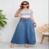 ebossy Women's Retro High Waisted Button Fly Flared Long Jean Skirts Pleated Flowy Swing A-line Denim Maxi Skirts (XL, Blue) view 2