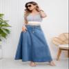 ebossy Women's Retro High Waisted Button Fly Flared Long Jean Skirts Pleated Flowy Swing A-line Denim Maxi Skirts (XL, Blue) view 3
