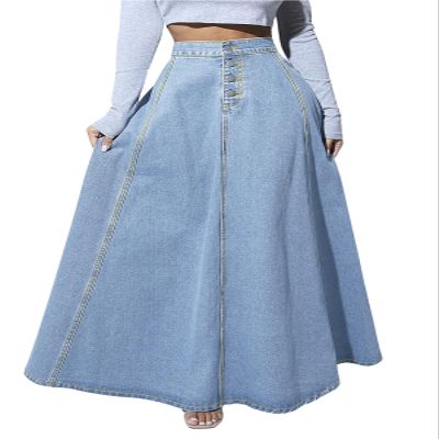 ebossy Women's Retro High Waisted Button Fly Flared Long Jean Skirts Pleated Flowy Swing A-line Denim Maxi Skirts (XL, Light Blue)