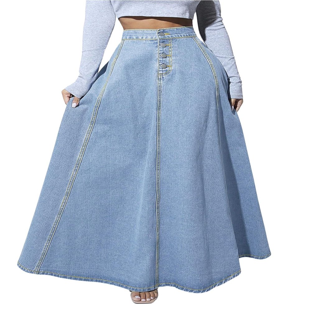 ebossy Women's Retro High Waisted Button Fly Flared Long Jean Skirts Pleated Flowy Swing A-line Denim Maxi Skirts (XL, Light Blue)
