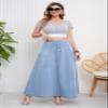 ebossy Women's Retro High Waisted Button Fly Flared Long Jean Skirts Pleated Flowy Swing A-line Denim Maxi Skirts (XL, Light Blue) view 2