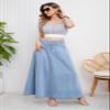 ebossy Women's Retro High Waisted Button Fly Flared Long Jean Skirts Pleated Flowy Swing A-line Denim Maxi Skirts (XL, Light Blue) view 3