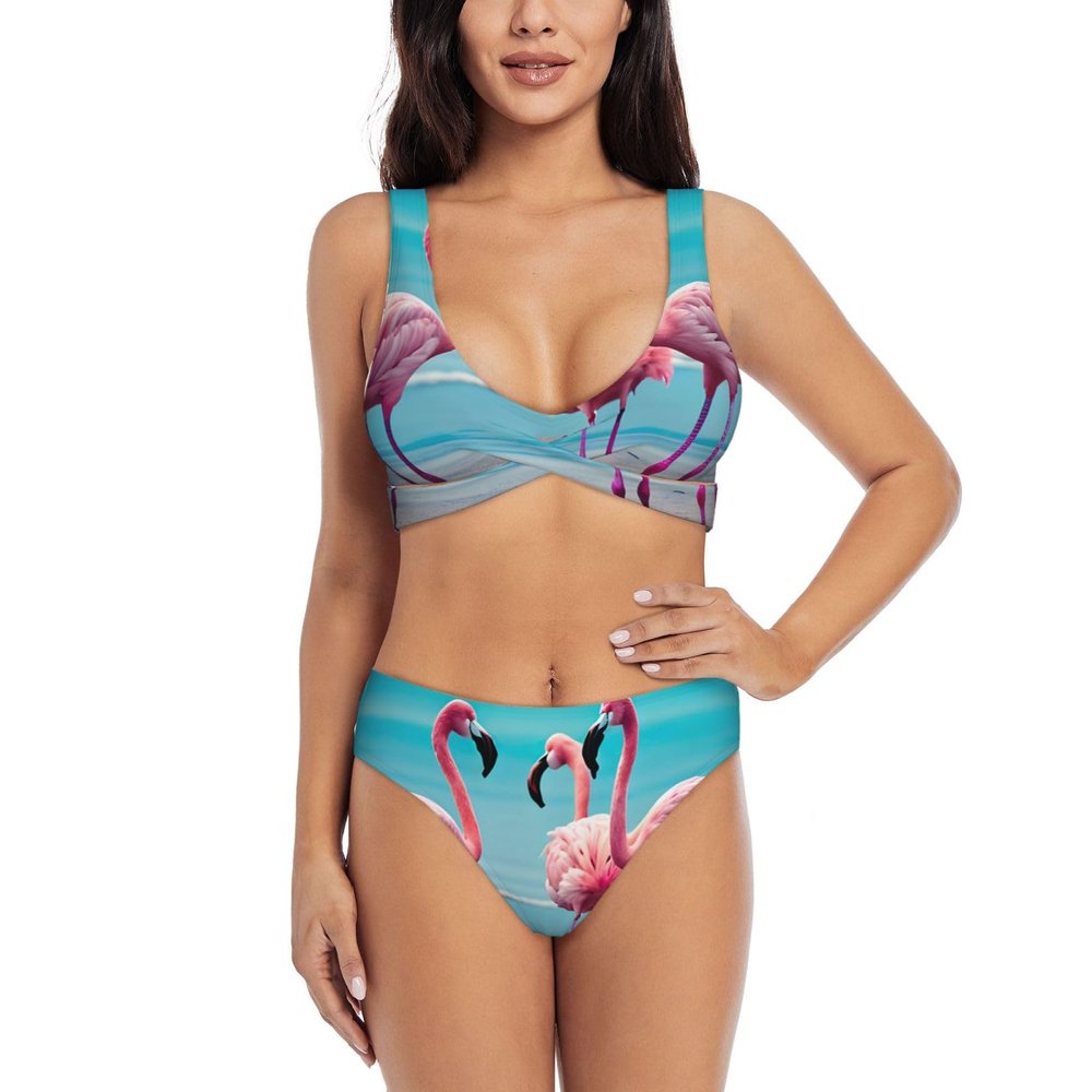 Flamingo Beach Print Women Swimsuit Bikini Set Push Up Cheeky Two Piece Bathing Suit Top Wide Straps