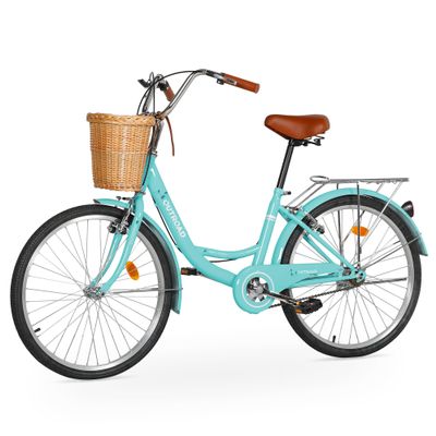Betterland Beach Cruiser Bike for Women, 24/26 Inch Female Commute Bike with Basket, Womens Bike with Dual V-Brake, Adjustable Seat(Blue)