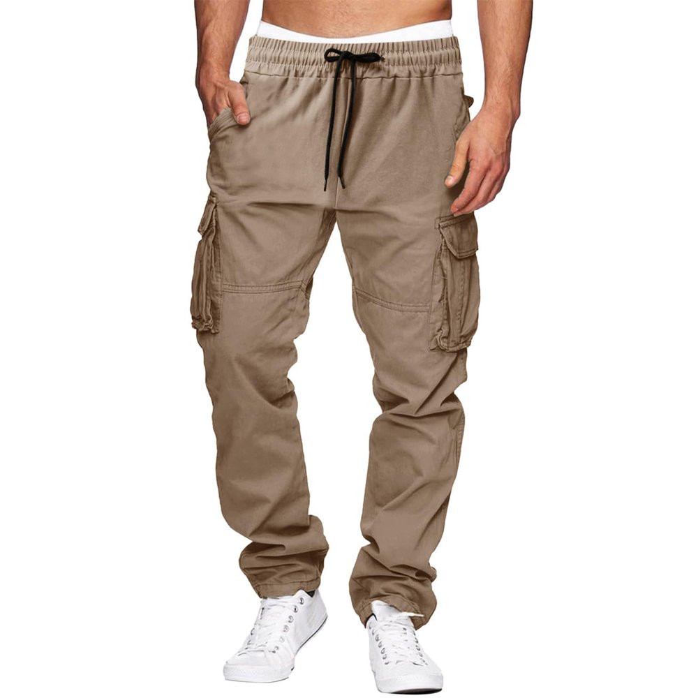 THWEI Cargo Pants for Men Casual Cotton Drawstring Lightweight Relaxed Fit Work Pants Multi Pockets Light Coffee 3XL