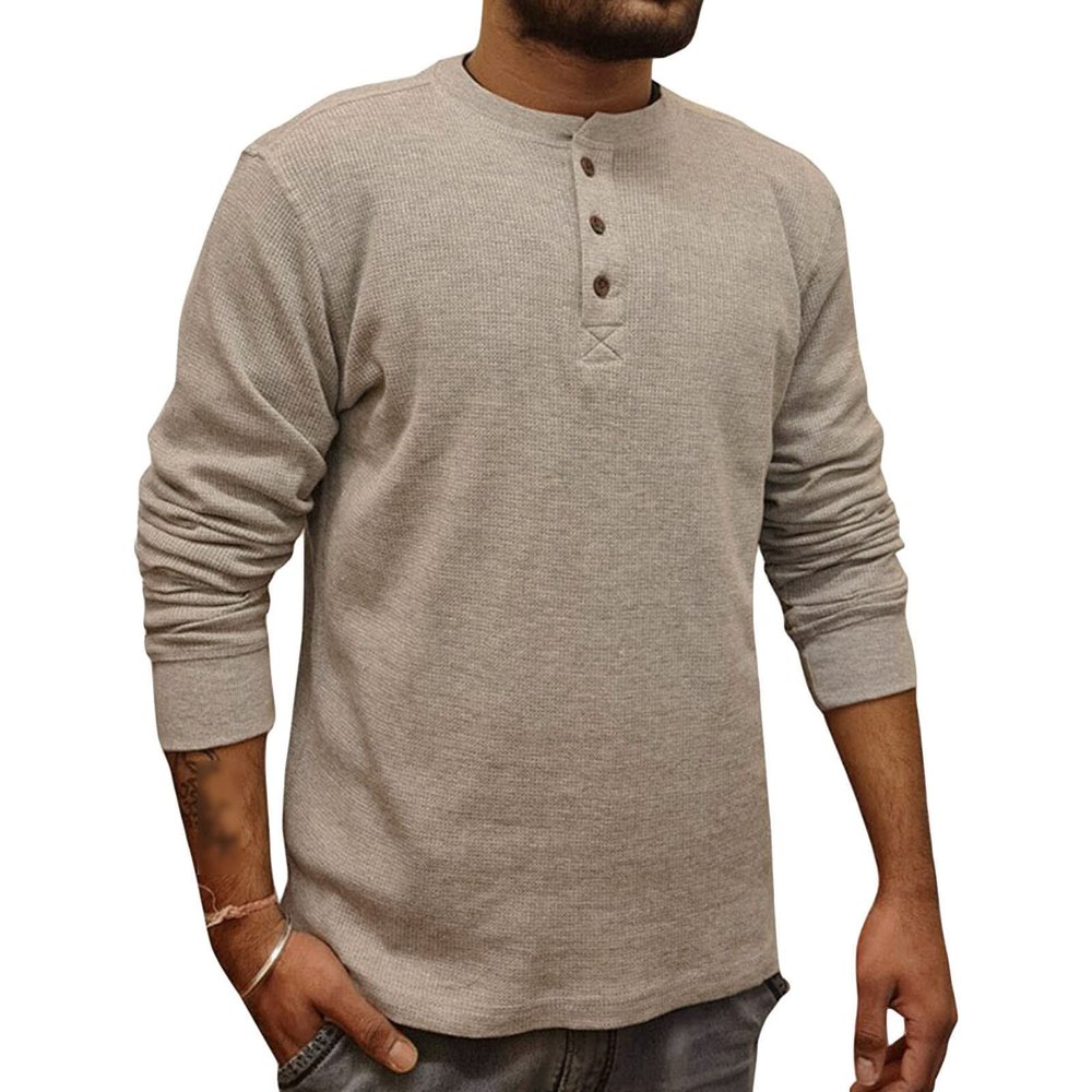 Mens Fashion Henley Shirts Casual Long Sleeve Button Cotton T-Shirt Classic Stretchy Holiday Basic Shirts (Large,Khaki)