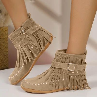 Womenyiaor Fringe Boots for Women Fall Boots 2024 Vintage Tassels Cowboy Boots Suede Ankle Boots Round Toe Western Boots Low Heel Booties (B-White, 7)
