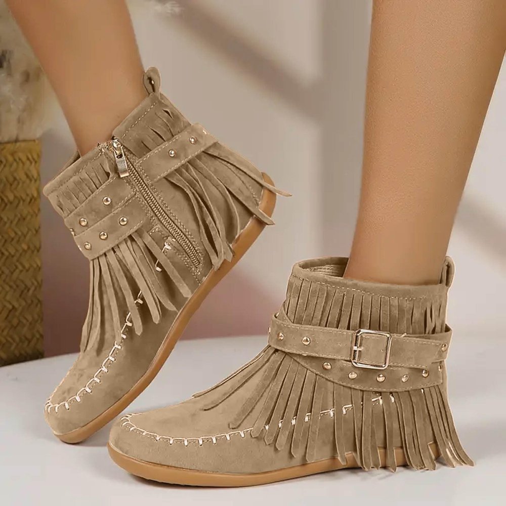 Womenyiaor Fringe Boots for Women Fall Boots 2024 Vintage Tassels Cowboy Boots Suede Ankle Boots Round Toe Western Boots Low Heel Booties (B-White, 7)