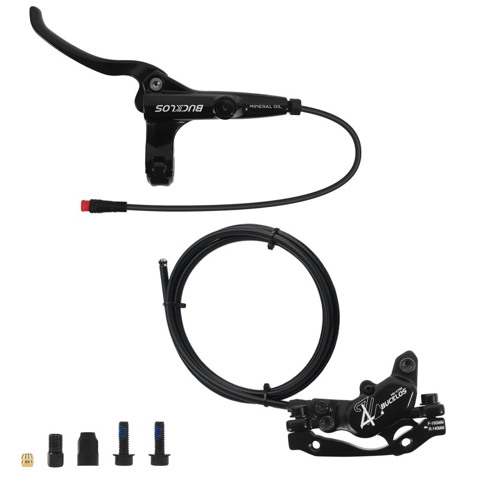 BUCKLOS EBike 2-PIN 4 Pistons Electric Power Off MTB Hydraulic Disc Brake Set,E-Bike Left Front 1150mm Right Rear 1950mm Aluminum Alloy Caliper Lever for ebike/Scooter/Mountain Bike HD-E735(Pre-Bled)