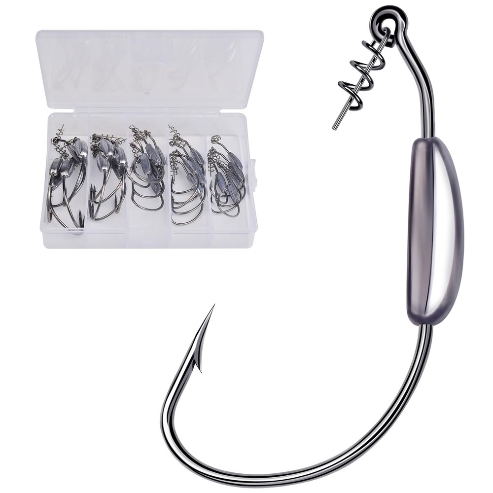 Swimbait Hooks for Bass Fishing - 25pcs Weighted Worm Hook Texas Rig Hooks for Freshwater Saltwater Size 4/0 - Soft Plastics Lures Worms Bait Fishing Hook with Tackle Box