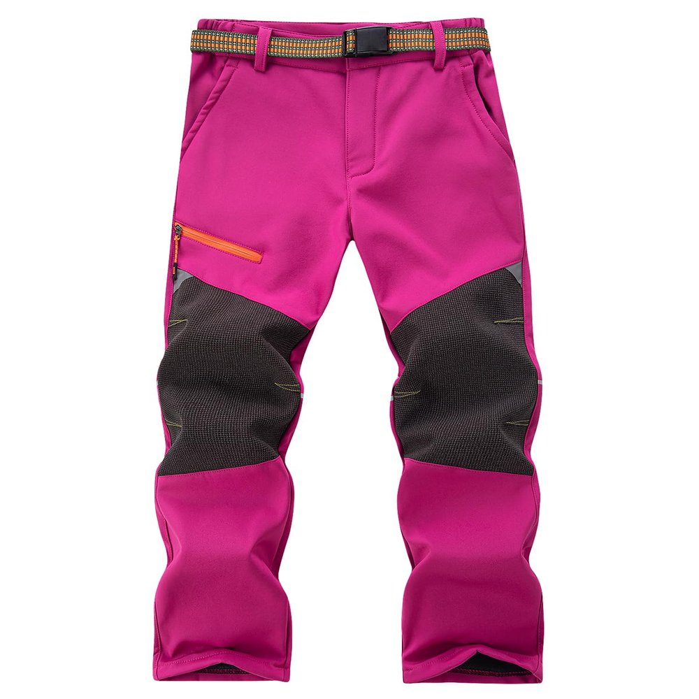 Kids Fleece Lined Softshell Trousers Boys Girls Water Repellent Windproof Pants Outdoor Winter Trousers Rose Red L