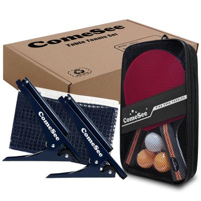 Comesee Ping Pong Net with Collapsible Clamps and Paddles Set, Table Tennis Rackets and Balls, Spring Activated Clip Posts and Storage Case