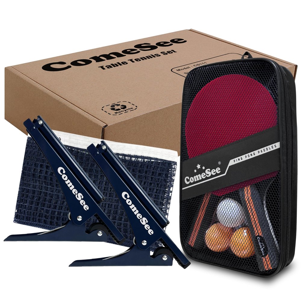Comesee Ping Pong Net with Collapsible Clamps and Paddles Set, Table Tennis Rackets and Balls, Spring Activated Clip Posts and Storage Case