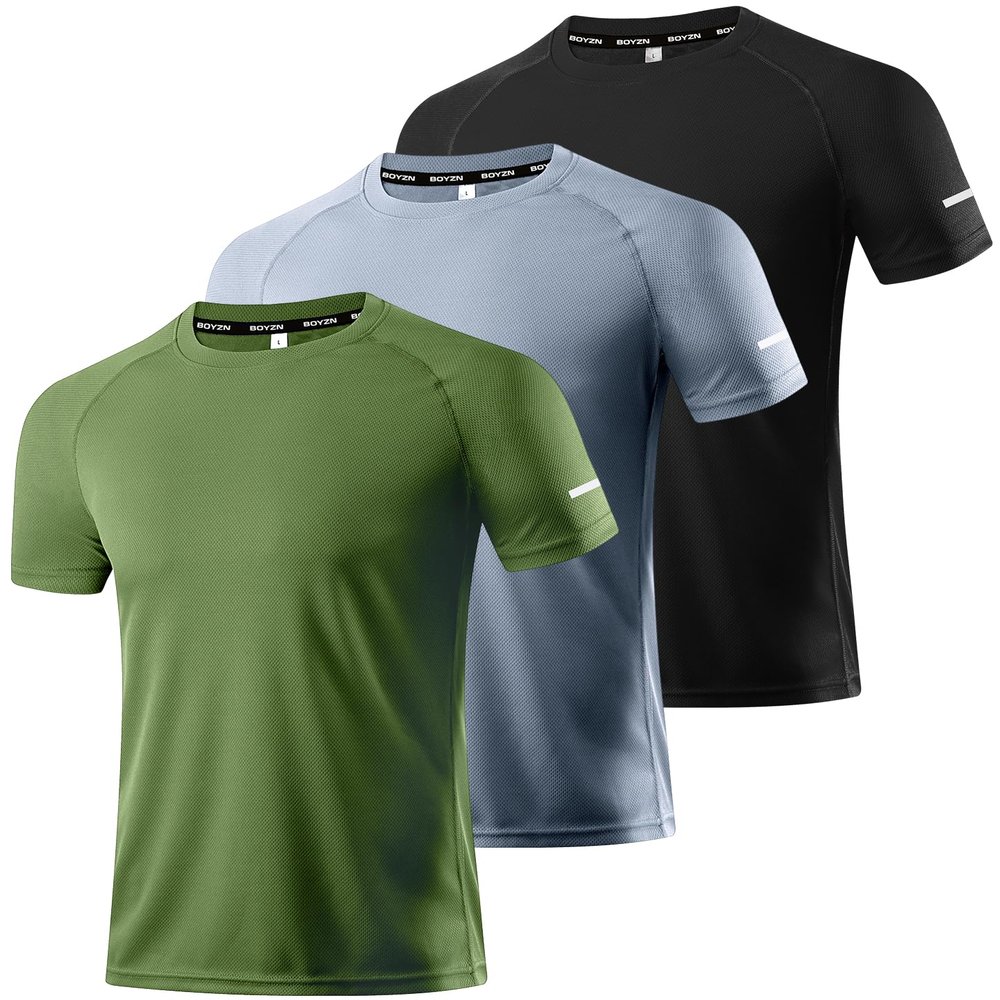 Boyzn Men's 3 Pack Athletic Tee Shirt Quick Dry Active Performance Short Sleeve Running Workout Shirts Black/Gray/Green-3P09-3XL