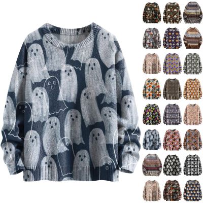 Nantdog prime+deals October 11-12, 2024,my+orders, Halloween Ghost Print Sweater for Women Fall Fashion 2024 Oversized Crew Neck Sweatshirts Loose Long Sleeve Sweater,Navy,Large