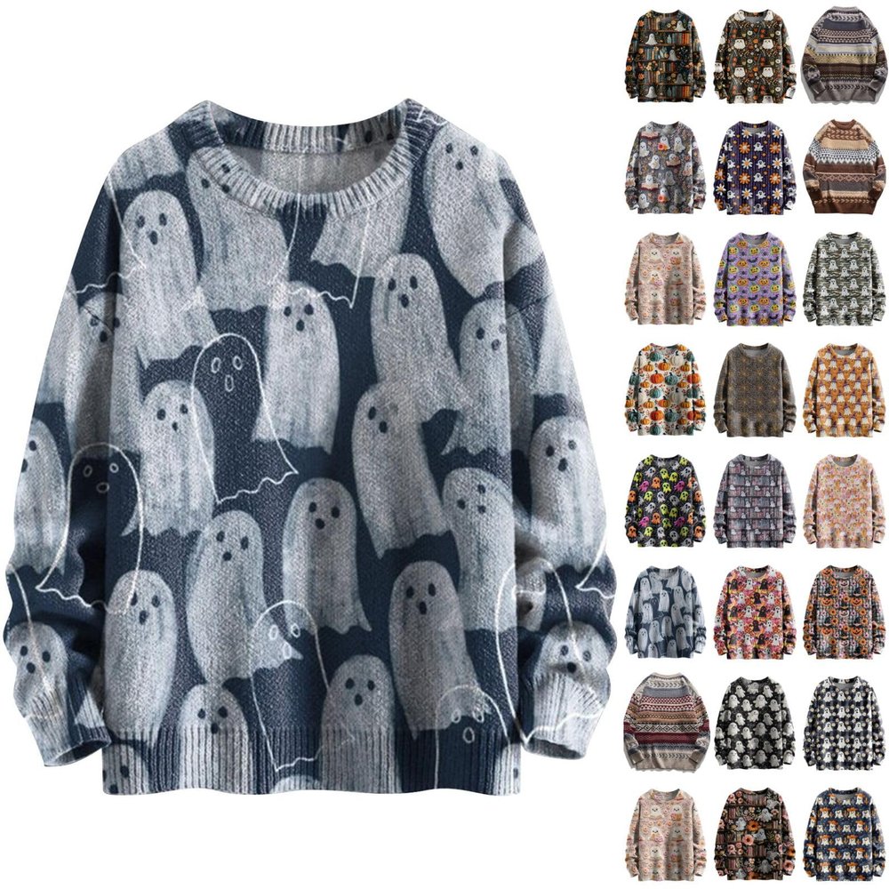 Nantdog prime+deals October 11-12, 2024,my+orders, Halloween Ghost Print Sweater for Women Fall Fashion 2024 Oversized Crew Neck Sweatshirts Loose Long Sleeve Sweater,Navy,Large