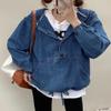 chouyatou Women Hooded 1/2 Button Down Pullover Denim Jacket Hoodie Boyfriend Casual Jean Sweatshirt Top (Small,Dark Blue) view 3