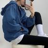 chouyatou Women Hooded 1/2 Button Down Pullover Denim Jacket Hoodie Boyfriend Casual Jean Sweatshirt Top (Small,Dark Blue) view 4