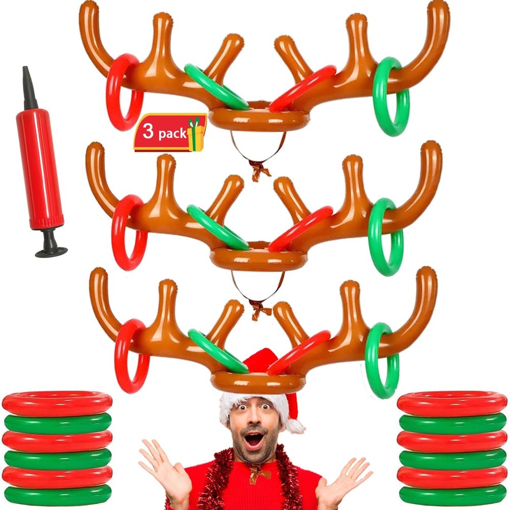 3 Set Inflatable Reindeer Antler Ring Toss Game, Reindeer Ring Toss Game for Kids, Antler Ring Toss for Family Adults, Indoor Outdoor Christmas Decorations Party Favors (3 Antlers 12 Rings 1 Pump)