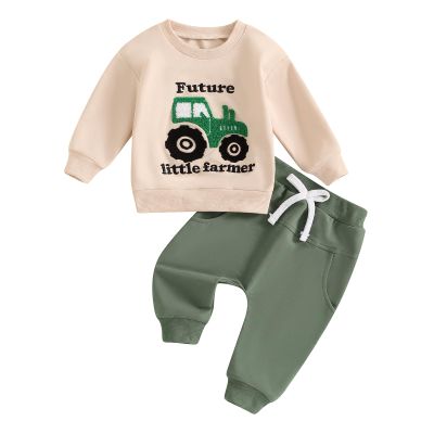 Kutterild Toddler Baby Boy Clothes Crewneck Letter Print Shirt Long Sleeve Sweatshirt Pants Cute Fall Winter Outfits (Light Beige, 4-5T)