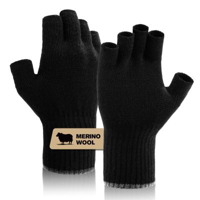 SONORAN Merino Wool Fingerless Gloves for Men & Women, Half Finger Gloves Base Layer Warm with Thermal Soft Knit Liner Glove for Hunting Fishing Hiking L (Black)