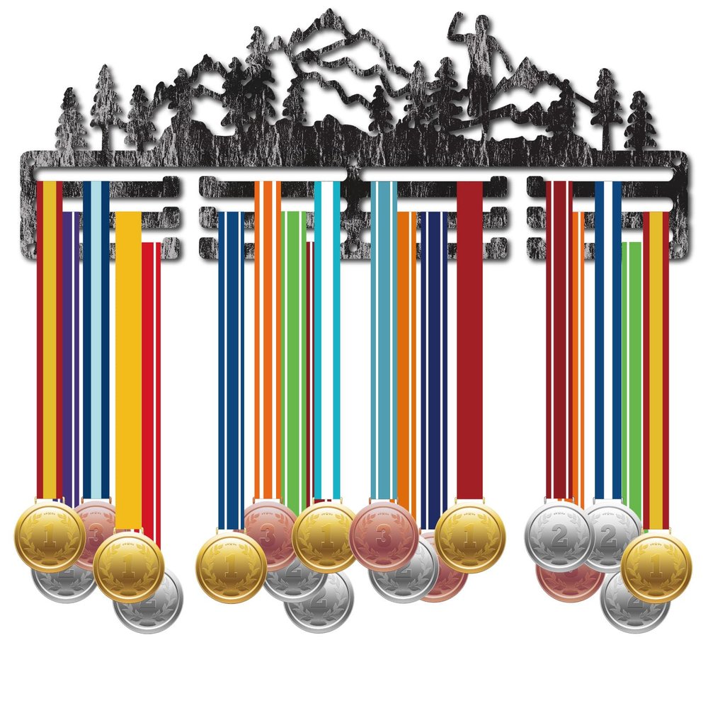 CREATCABIN Trail Running Medal Holder Display Medal Hanger Rack Metal Antique Silver Medal Holder Shelf Hanger Organizer Medal Stand Frame Wall Mounted Hanging for Over 40 Medals Ribbons 15.7x6Inch