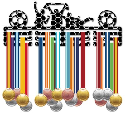 CREATCABIN Football Medal Holder Display Hanger Metal Medal Rack Organizer Medal Iron Stand Frame with 12 Hooks 3-Line Black White Medals Wall Mounted Hanger for Soccer Triathlon Runner 15.7x6Inch