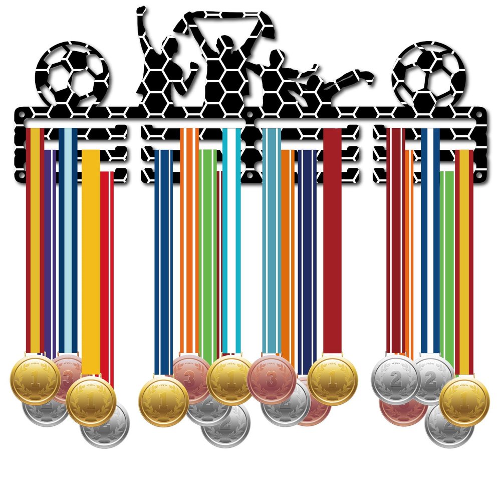 CREATCABIN Football Medal Holder Display Hanger Metal Medal Rack Organizer Medal Iron Stand Frame with 12 Hooks 3-Line Black White Medals Wall Mounted Hanger for Soccer Triathlon Runner 15.7x6Inch