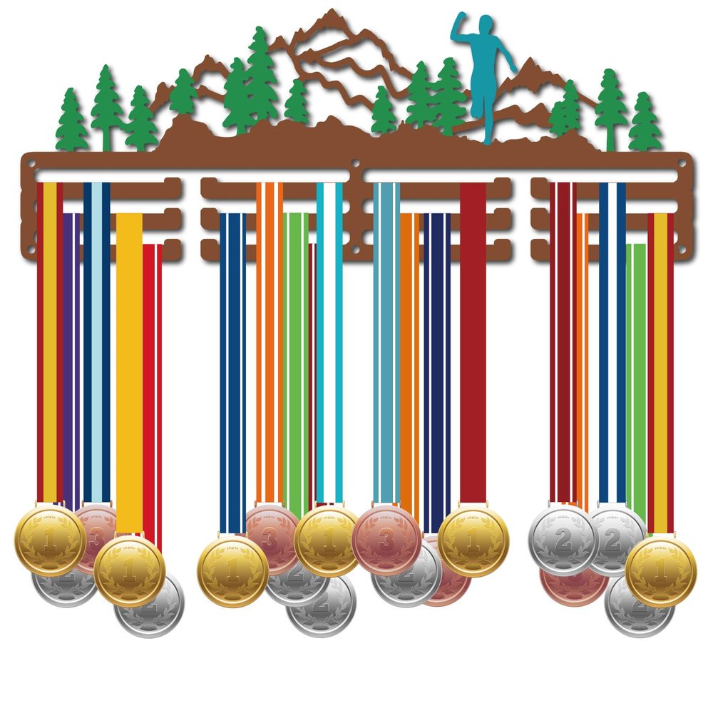 CREATCABIN Trail Running Medal Holder Display Hanger 60+Medals Rack Green Brown Blue Medal Holder Metal Shelf Hanger Organizer Medal Stand Small Frame Wall Mounted Hanging for Athlete 15.7x6Inch