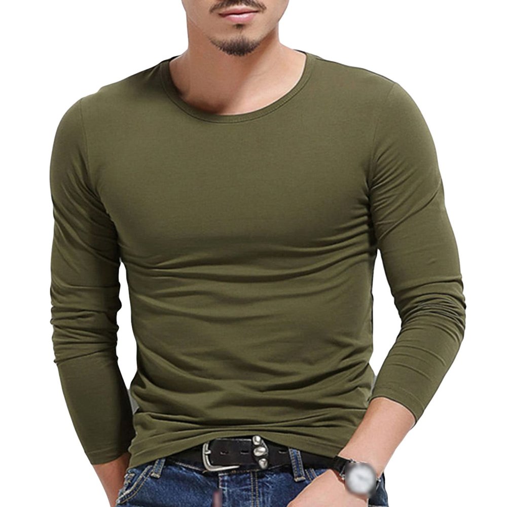 Men's Long-Sleeve Cotton Undershirts Casual Lightweight Fitted Basic Henley T-Shirt Crew Neck Pullover Thermal Tops (Large,Army Green)