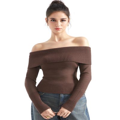 SUUKSESS Women Off Shoulder Sweater Long Sleeve Ribbed Knit Pullover Sweater Tops Going Out Fall Shirt (Mocha, XS)