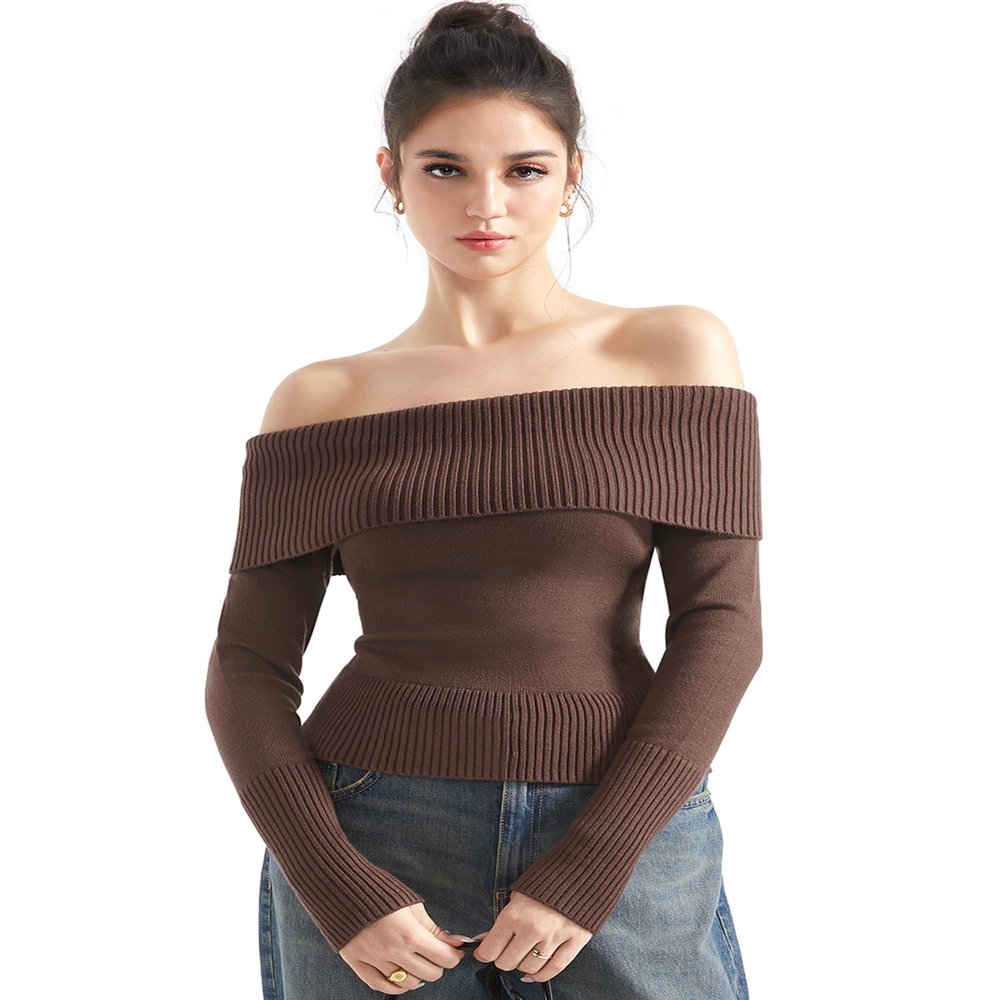 SUUKSESS Women Off Shoulder Sweater Long Sleeve Ribbed Knit Pullover Sweater Tops Going Out Fall Shirt (Mocha, XS)