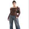 SUUKSESS Women Off Shoulder Sweater Long Sleeve Ribbed Knit Pullover Sweater Tops Going Out Fall Shirt (Mocha, XS) view 3