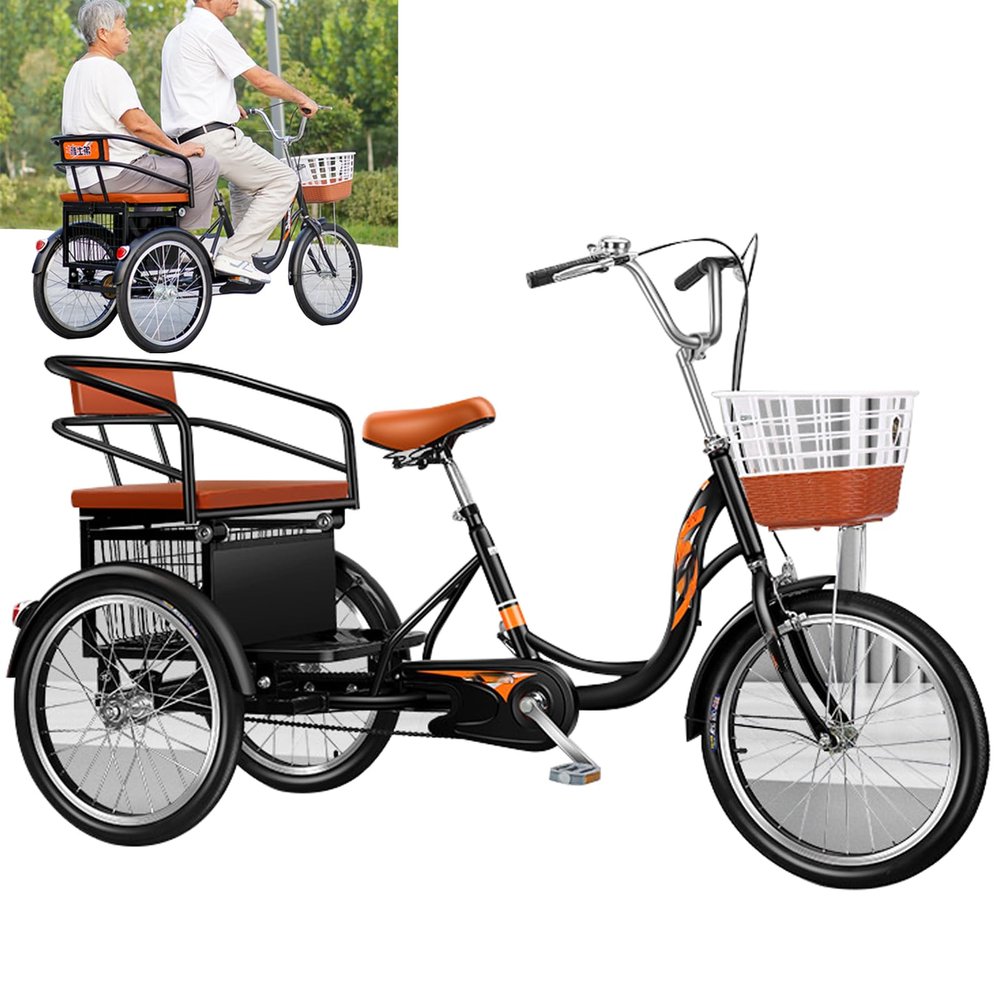 JIYIAN Black, 20 Inch Tandem Cruiser Trike,Vegetable Baskets with Cargo Tricycle Adult Human-Powered Bicycle for Hanging Out and Traveling