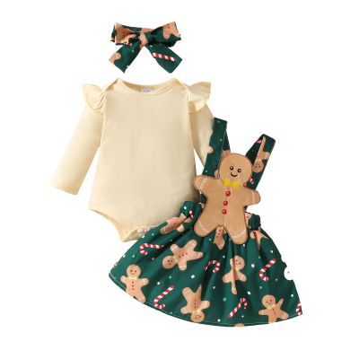 Nicoxijia Baby Girl Christmas Outfits Long Sleeve Cartoon Bodysuit Romper Overall Skirt Dress Headband Infant Girl Clothes (I-Green, 12-18 Months)