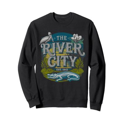 Retro River City Sunset and Wildlife Design Sweatshirt
